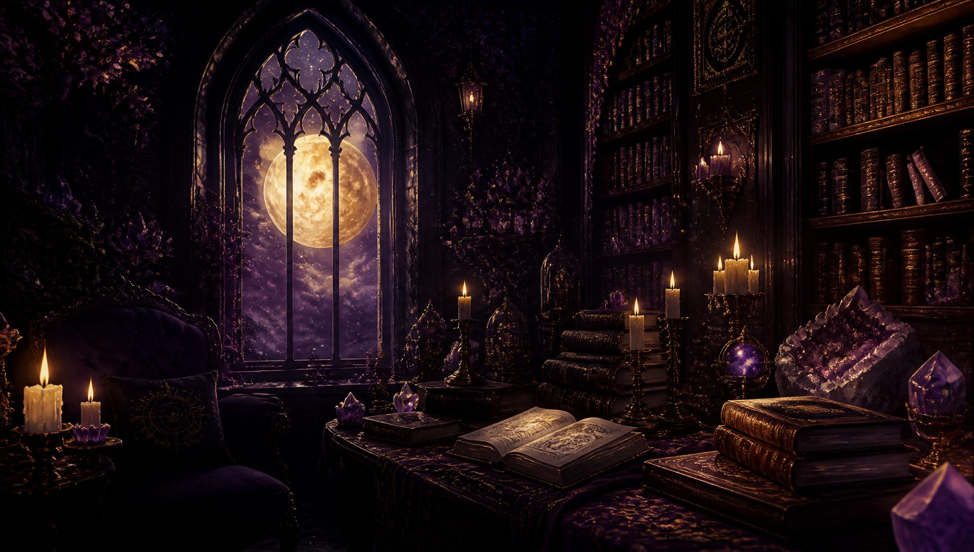 A candlelit celestial library with a glowing moon, old books and crystals
